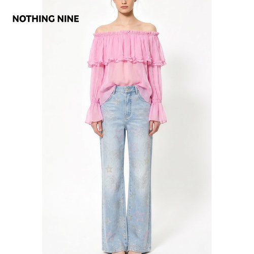 NOTHING NINE 云漪100%真丝荷叶边一字肩上衣
