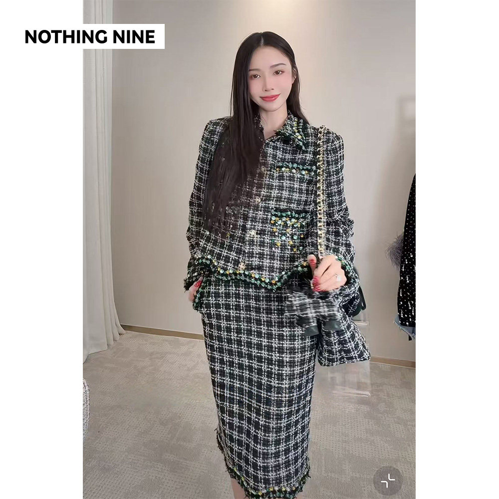 NOTHING NINE 松烟玉缀英国进口linton手工钉珠粗花呢外套/半裙