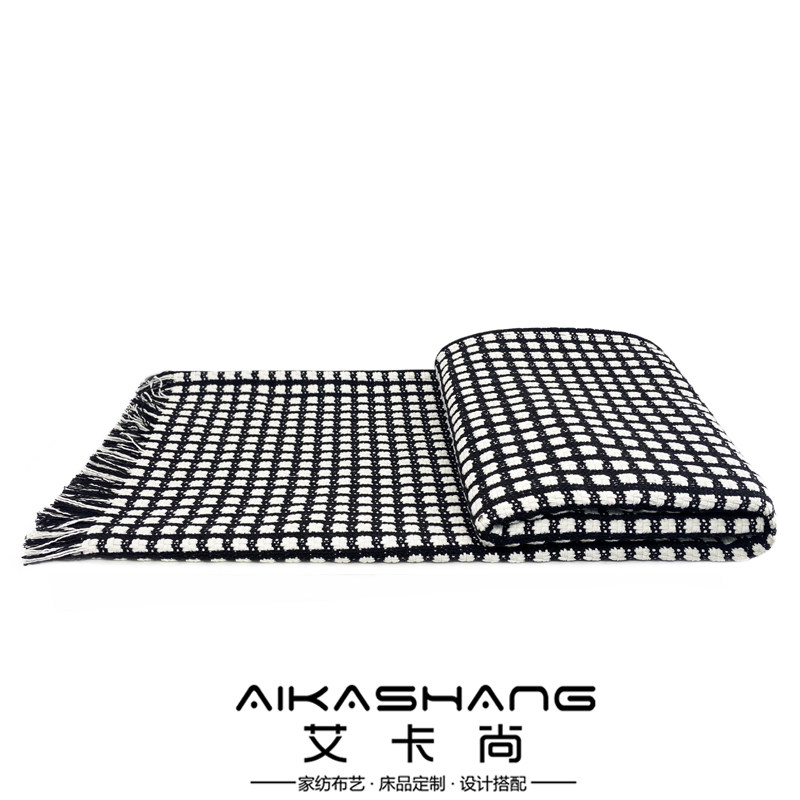 现代简约样板间床尾毯黑白格子搭毯流苏床尾巾北欧床旗沙发搭巾毯