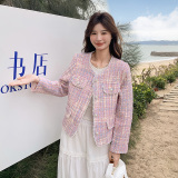 圆领小香风短款女夹棉加厚短外套春季时尚粗花呢气质春秋小个子，女装短外套，浙宝137