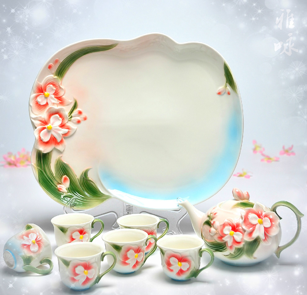 包邮珐琅瓷茶具套装蝴蝶兰花结婚茶具高档礼品法兰喜庆摆件家用