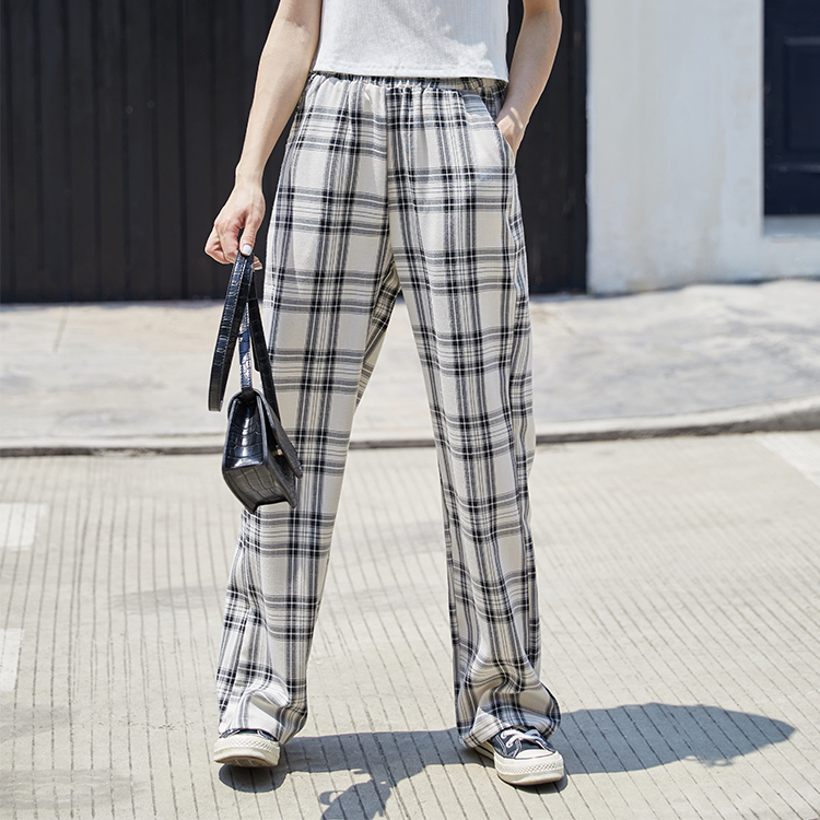 Real photo Plaid wide leg pants female summer thin student loose high waist SLIM STRAIGHT casual pants