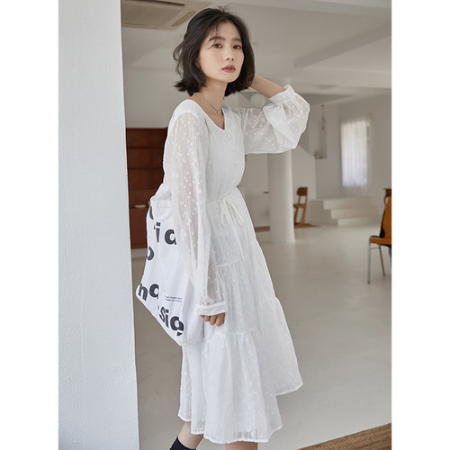 Real shot spring new white foreign style long knee length dress women's bottoming with super fairy skirt