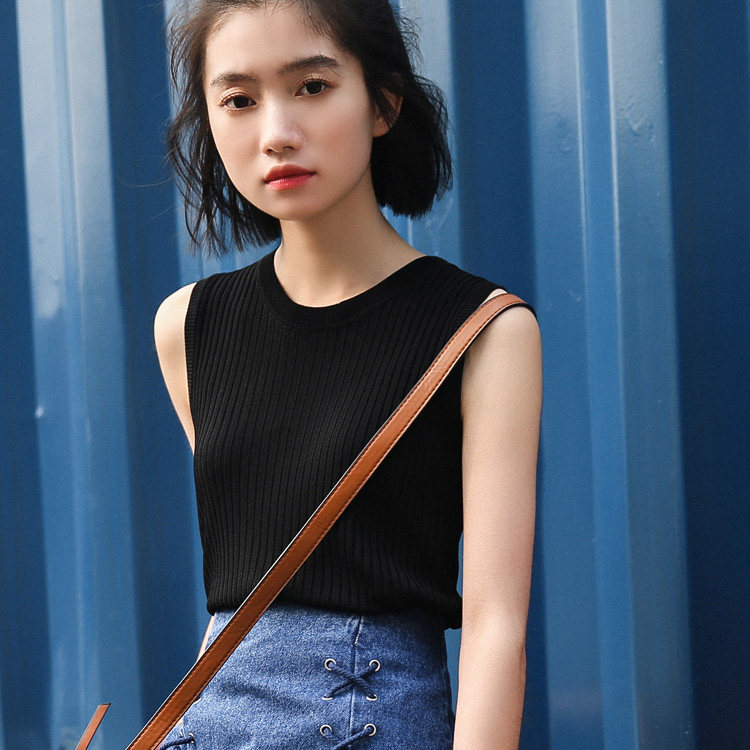 Real price real shot small fresh show thin versatile knitted sleeveless top sleeveless T-shirt show thin T-shirt