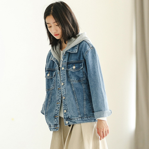 New style old washed BF style loose hooded denim casual coat in autumn and winter