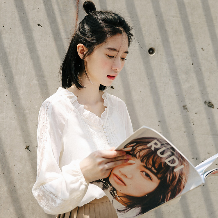 Real shot new design chiffon shirt retro lace Lantern Sleeve smart shirt girl