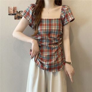 女装 上衣百搭新款 胖MM大码 设计感收腰显瘦小飞袖 方领格子短袖 衬衫