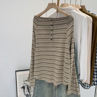 美式复古慵懒风一字肩露肩长袖T恤女春秋季百搭新款宽松条纹上衣