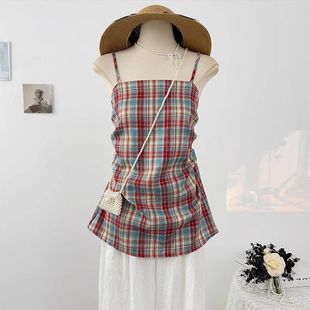度假风压褶露背裙摆上衣 多巴胺少女感甜美撞色格子吊带背心女夏季