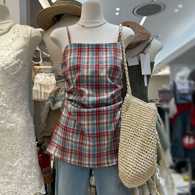夏季新款百搭港风复古褶皱收腰显瘦格子无袖吊带背心洋气上衣女