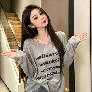 夏季新款纯欲风字母印花长袖罩衫薄款女款外穿上衣T恤女微透宽松