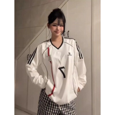 美式运动t恤女早春织带v领撞色拼接长袖oversize宽松休闲情侣上衣