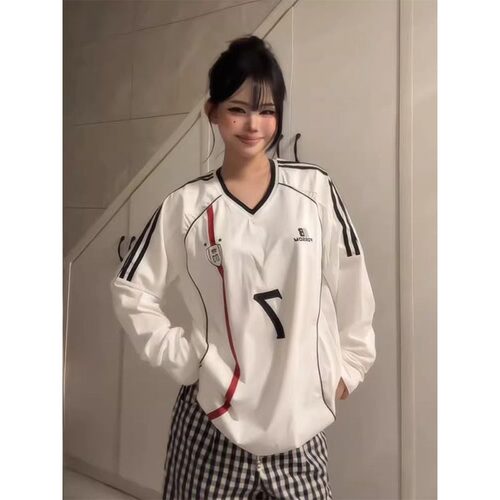 美式运动t恤女早春织带v领撞色拼接长袖oversize宽松休闲情侣上衣