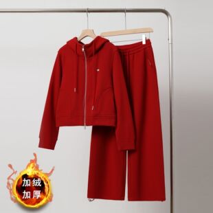 运动套装女百搭冬装搭配一整套新年穿搭红色加绒卫衣阔腿裤两件套