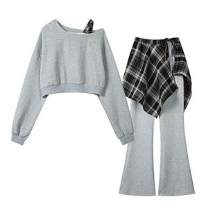 春秋季流行洋气时尚套装女短款卫衣屁帘微喇长裤休闲显瘦三件套潮