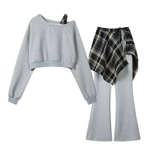 春秋季流行洋气时尚套装女短款卫衣屁帘微喇长裤休闲显瘦三件套潮