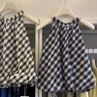 韩版时尚格纹撞色圆领无袖挂脖吊带蓬蓬花苞下摆遮肉百搭洋气上衣