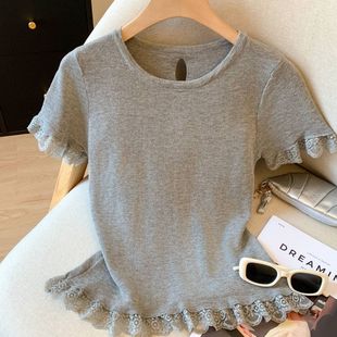 夏季 T恤女春后背镂空蝴蝶结上衣 新款 设计感灰色蕾丝拼接圆领短袖