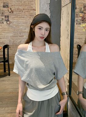 夏季复古美式灰色挂脖假两件短袖t恤女夏季休闲宽松百搭露肩上衣