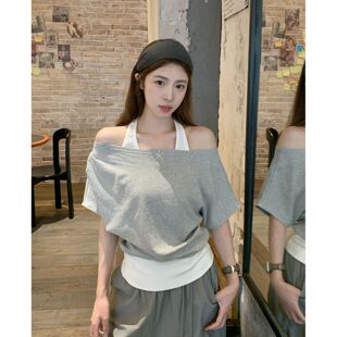 夏季复古美式灰色挂脖假两件短袖t恤女夏季休闲宽松百搭露肩上衣