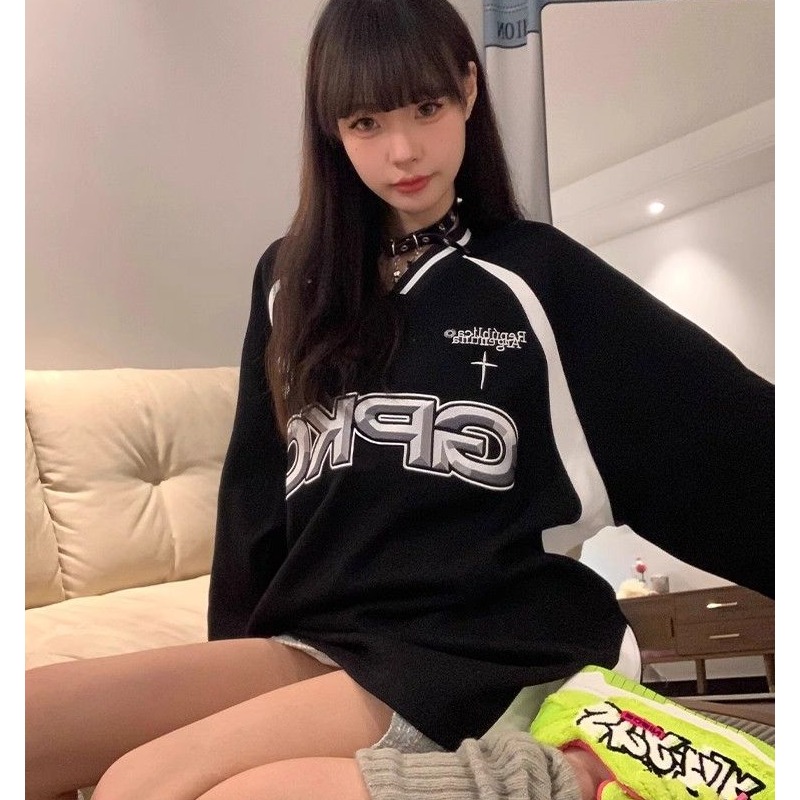 美式运动卫衣女oversize春季字母刺绣V领球衣宽松情侣上衣设计感