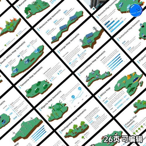 2.5D等距非洲地图ppt模板素材可编辑3D高端既视感ppt制作美化排版