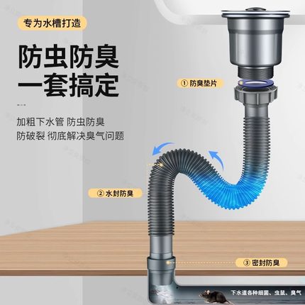 厨房洗菜盆下水管配件水槽洗碗盆池58mm接口下水道防臭排水管软管