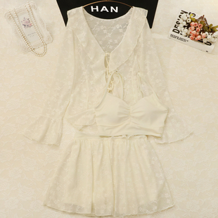 2025年新款 性感米白显瘦裙裤 度假泡温泉三件套泳衣女 奶油蕾丝