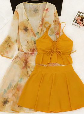 【暖调姜黄】分体泳衣女微胖遮肉三件套显白气质泡温泉2025年新款