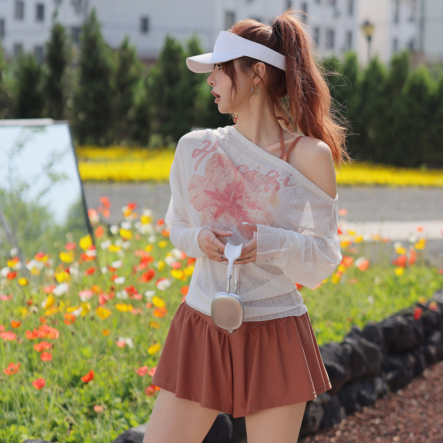 性感斜肩罩衫分体度假温泉泳衣女