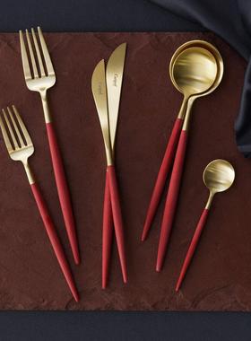 五折清仓包邮葡萄牙进口Cutipol GOA镀金红色餐具刀水果叉甜品勺