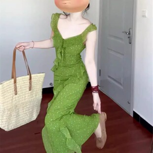 抹茶绿色茶歇裙~度假风显白复古性感女人味长裙 慵懒吊带碎花裙夏