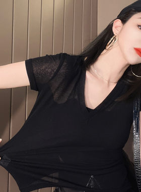 微透薄款性感网纱女百搭短袖V领