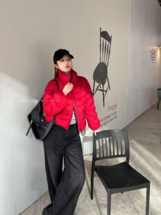 幸运阁时尚爱心剪刀袖标拉链立领排骨条休闲短羽绒服冬女
