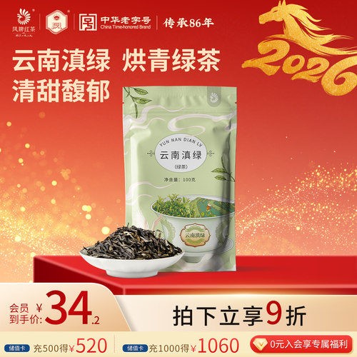 凤牌云南滇绿袋装春茶绿茶100g