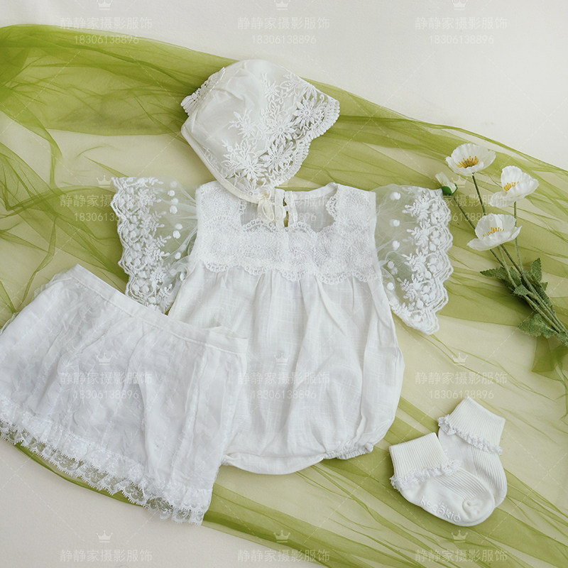 百天女孩摄影服装夏款公主风哈衣白色蕾丝周岁百日宴生日宝宝拍照
