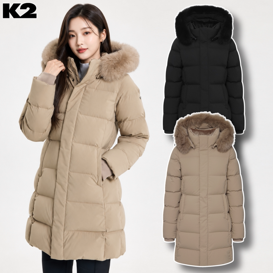 反季特价 韩国代购 K2 冬 女 防水中长款连帽加厚鹅绒羽绒服