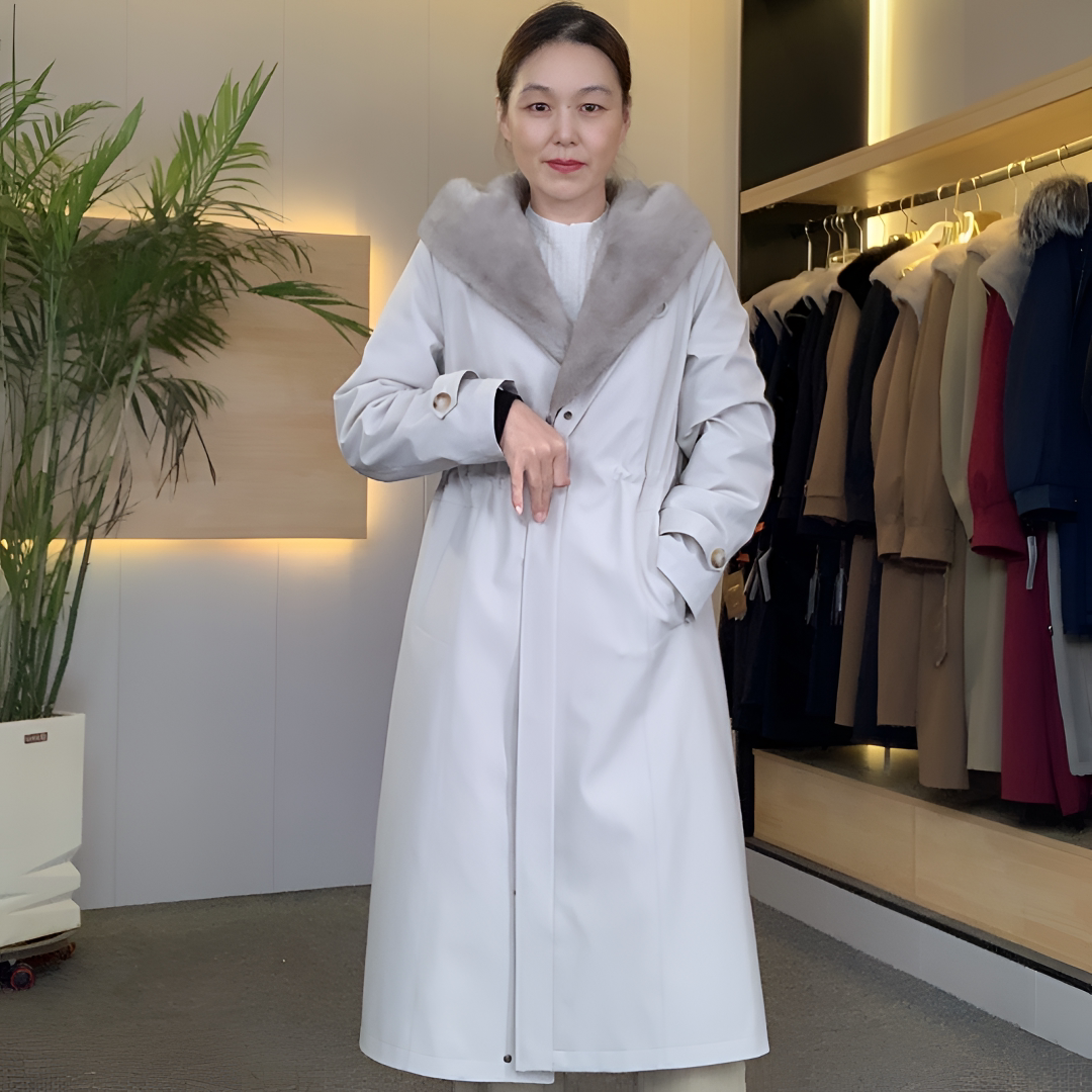 雪唯妮110衣长女士风衣版型银蓝水貂派克服大衣外套