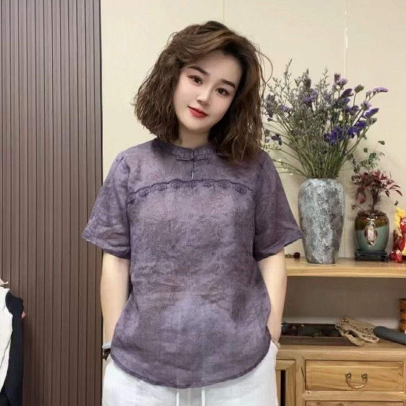 新中式苎麻立领盘扣短袖T恤女夏季宽松复古文艺显瘦轻薄小衫上衣