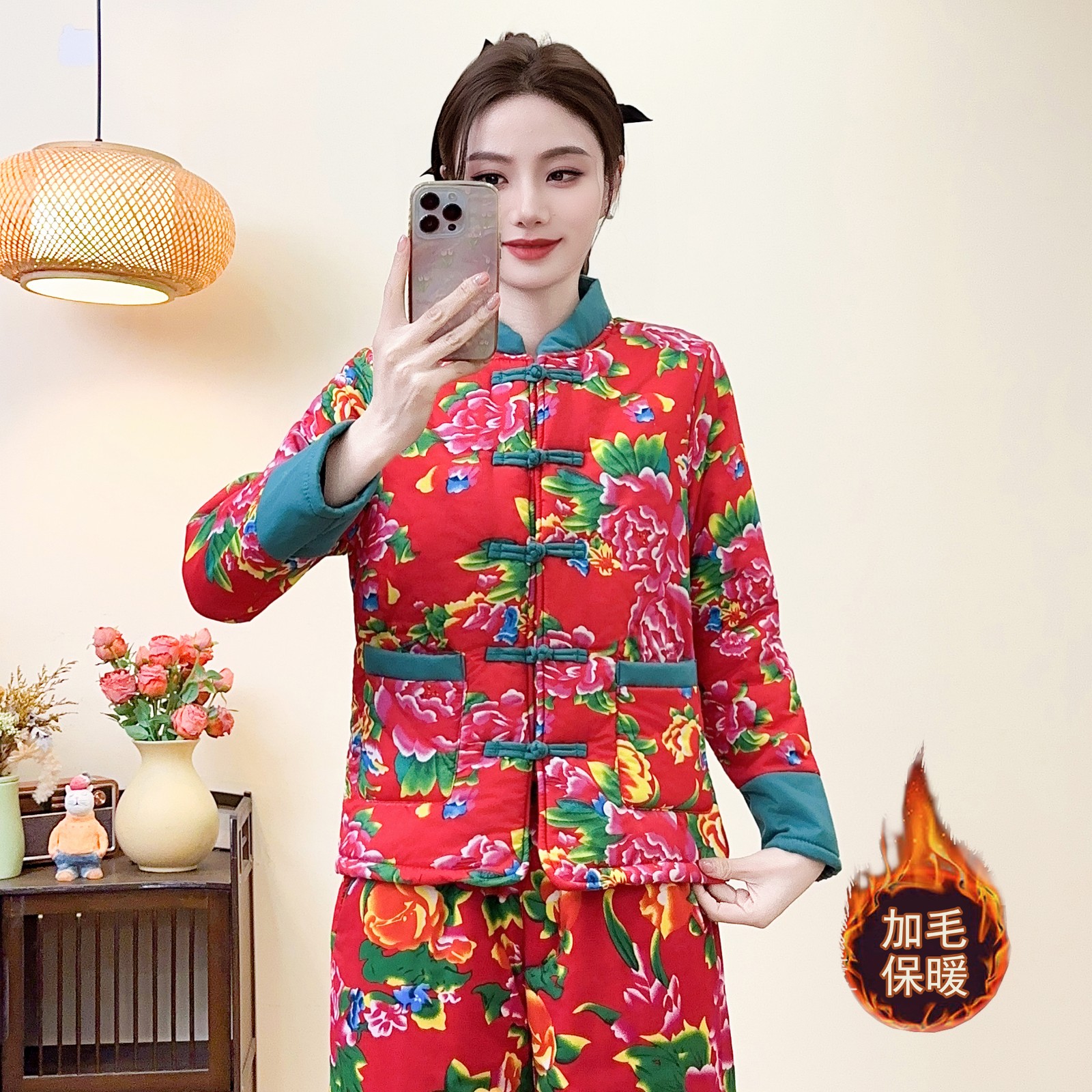 民族风东北大花棉袄女中老年盘扣加绒加厚保暖棉服棉裤套装秋冬款