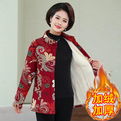 妈妈丝绵短款民族风宽松印花棉衣