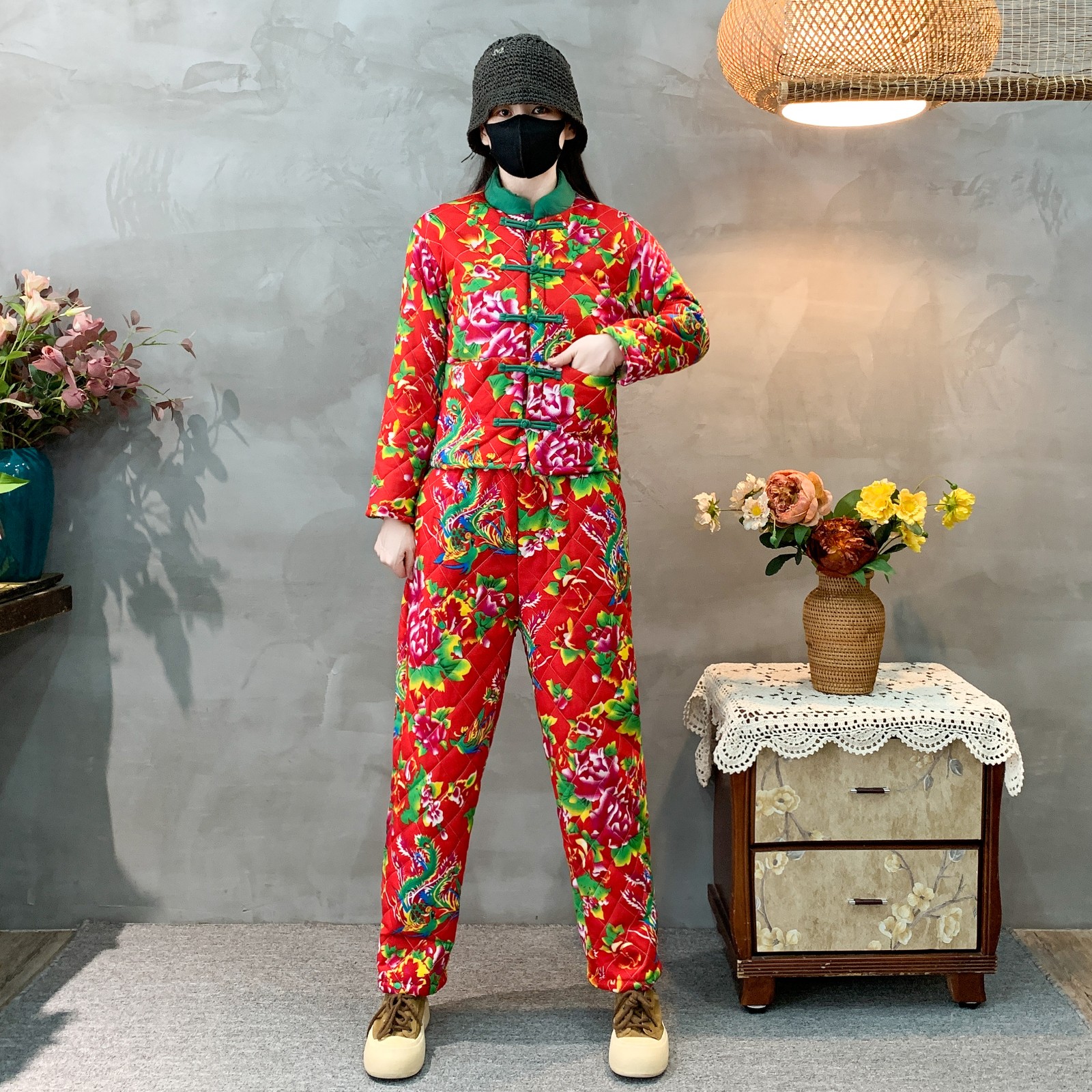 东北风大花棉袄女冬季加绒盘扣套装时尚洋气民族风棉服棉裤两件套