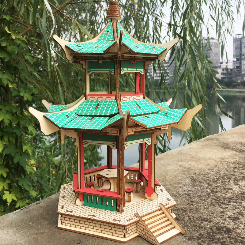 包邮中国古建筑仿真木制模型成人手工拼装diy益智玩具 重檐六角亭