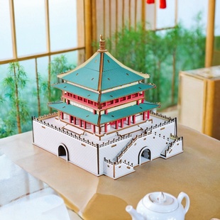 西安钟楼古风木质仿真建筑模型 DIY立体拼图拼装益智儿童玩具作业