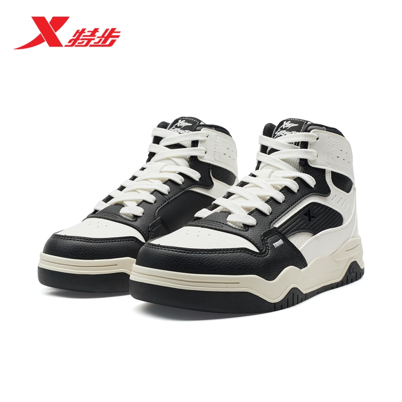 特步皓白丨板鞋男鞋冬季皮面增高休闲鞋情侣复古加绒棉鞋运动鞋子