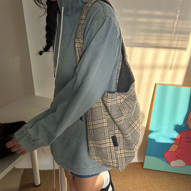 复古千鸟格毛呢单肩包慵懒大容量托特包大学生女包百搭手提腋下包
