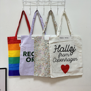 外贸ins风棉布袋单肩包女文艺休闲布袋收纳袋大容量环保袋购物袋