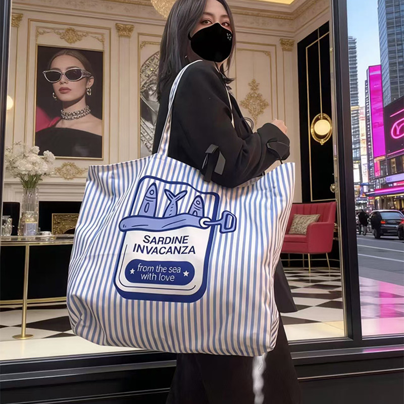 巨大双层面料帆布袋超大容量单肩收纳袋旅游环保袋条纹购物袋百搭