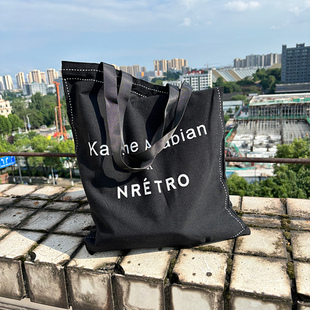 简约字母帆布包环保袋购物袋大容量单肩包学生上课休闲书袋收纳袋