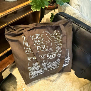 单肩帆布包带拉链大容量休闲购物袋逛街环保托特包旅游收纳袋布袋